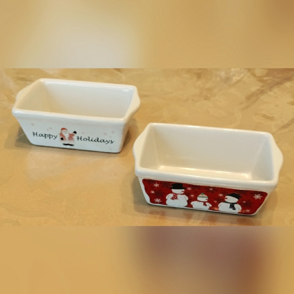 Bright white stoneware 3x5 mini loaf pans with handles-set of two holiday themed